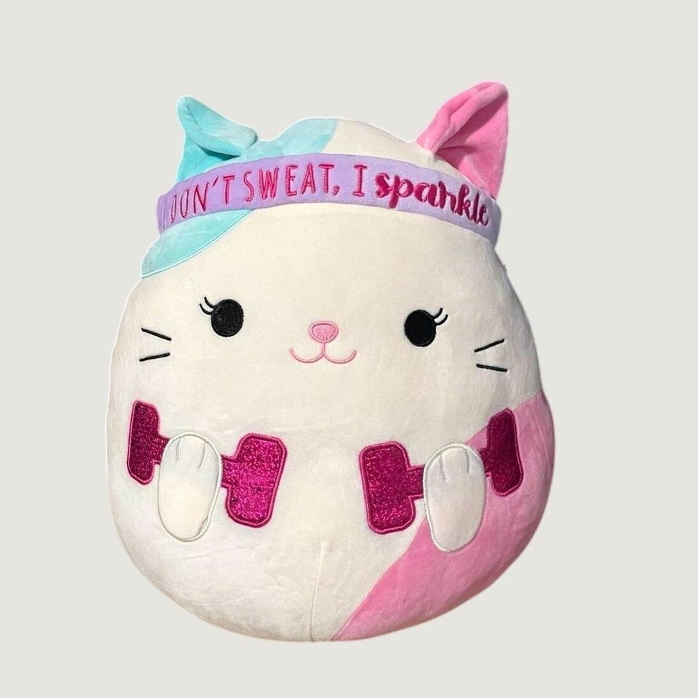 Squishmallow 15 inch Cat I Don't Sweat I Sparkle Fitness Plush White Pink Teal